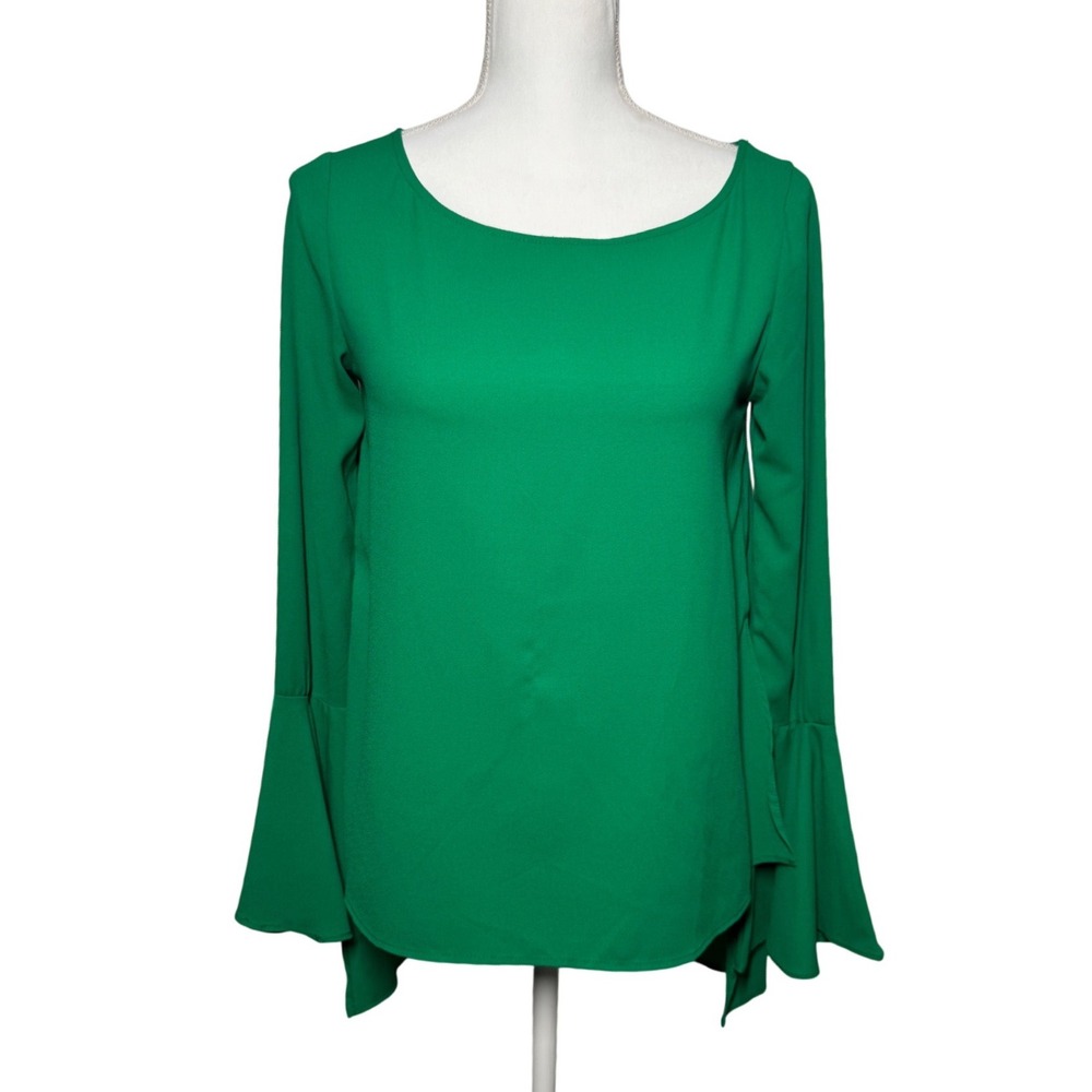 GB Bell Sleeve Blouse XS Green Excellent Scoop Neck High Low GB2277MGC
